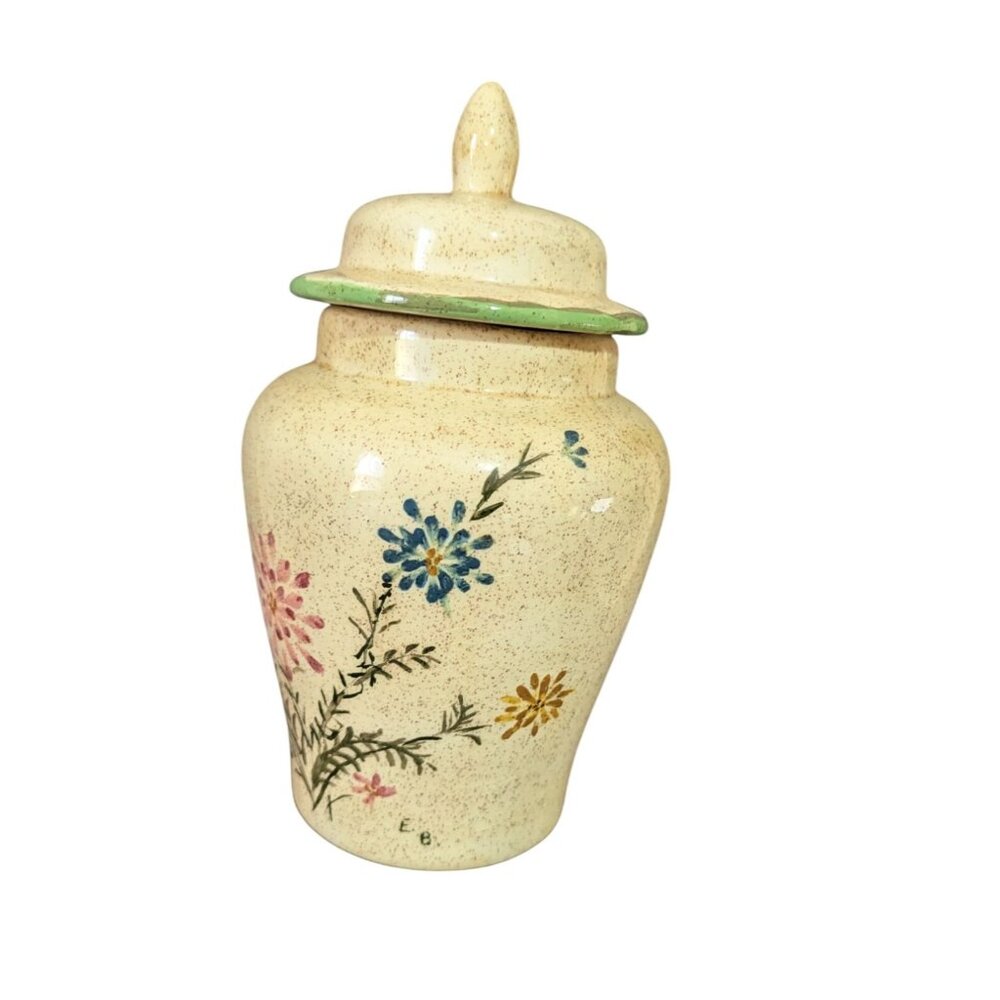 Hand-Painted Floral Ceramic Ginger Jar With Lid 7.5" Tall Vintage Speckled Beige